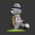 Animated Gray Cat Character Wearing Blue Headband Yellow Apron With Blue Logo On Green Base
