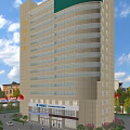 China State Construction Tall Modern Office Building With Glass Curtain Walls Flags And Street View