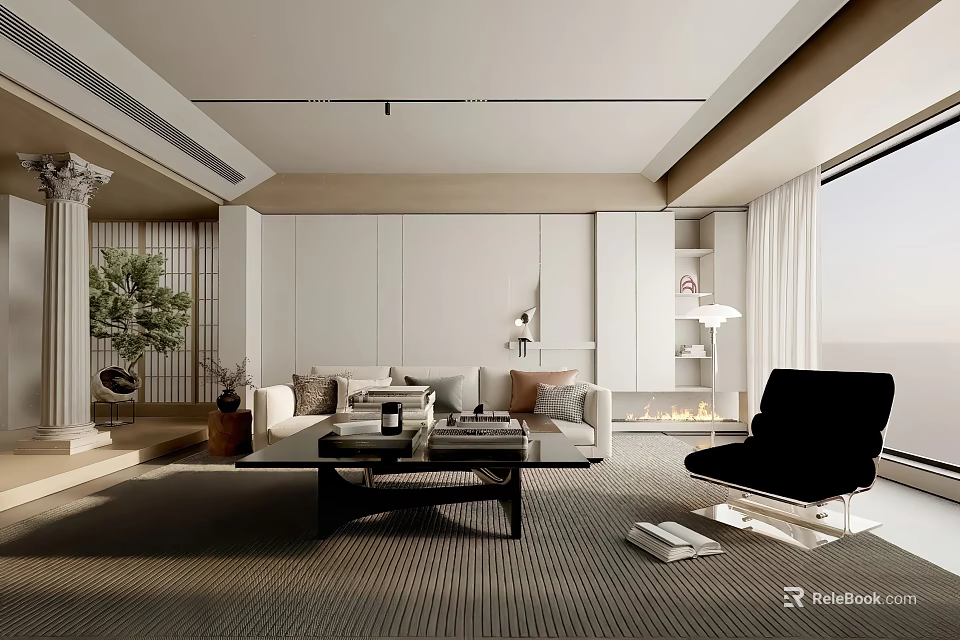 Modern Luxury Living Room Interior With White Sofa Coffee Table Black Chair And Large Window 3d model 