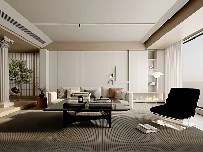 Modern Luxury Living Room Interior With White Sofa Coffee Table Black Chair And Large Window 3d model