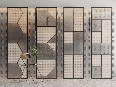 Modern Geometric Room Dividers With Metal Frames And Perforated Glass Panels 3d model