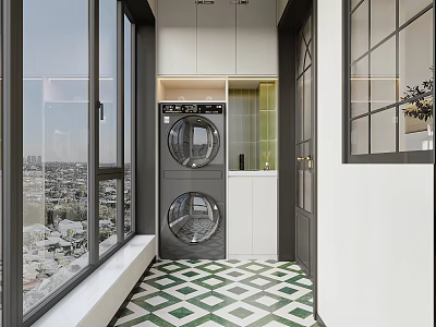 Home Balcony With Double Washing Machines Large Windows City View And Geometric Tile Floor 3d model