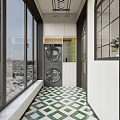 Home Balcony With Double Washing Machines Large Windows City View And Geometric Tile Floor