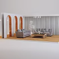 Modern Living Room Interior With Sofa Coffee Table Set Vertical Slat Wall And Wooden Flooring