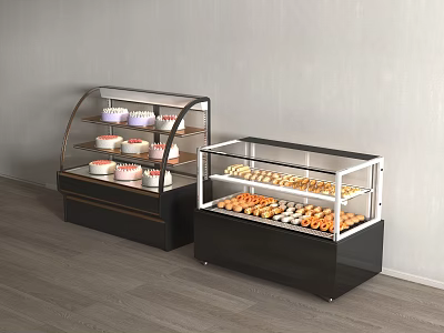 Bakery Display Shelves with Glass Doors Black Base Holding Cupcakes and Pastries 3d model