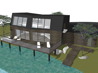 Detached Villa Over Water Modern Design With Wooden Structure Large Windows And Deck 3d model