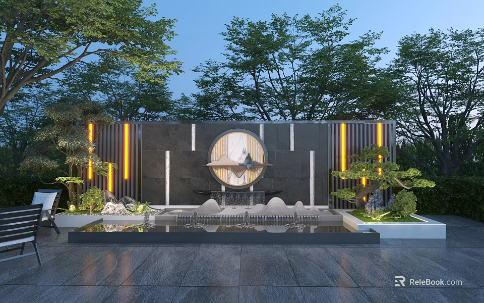 Modern Courtyard Landscape With Rockery Water Pool Light Strips And Trees 3d model 