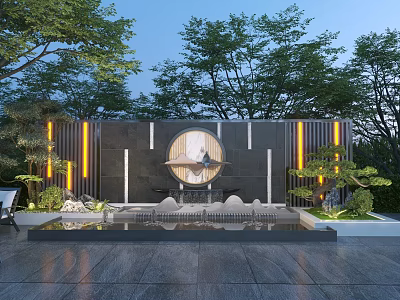 Modern Courtyard Landscape With Rockery Water Pool Light Strips And Trees 3d model