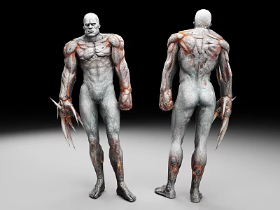 3D Monster Character Front Back View With Muscular Body Red Gray Texture And Claw Weapons 3d model
