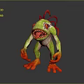 3D Green Monster Character With Red Spiky Hair Large Sharp Teeth And Orange Hands Feet