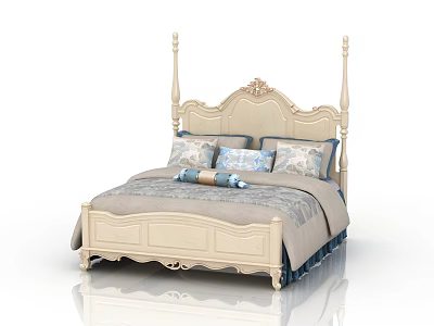 Elegant Double Bed With Four-Poster Design Carved Headboard And Soft-Toned Bedding 3d model