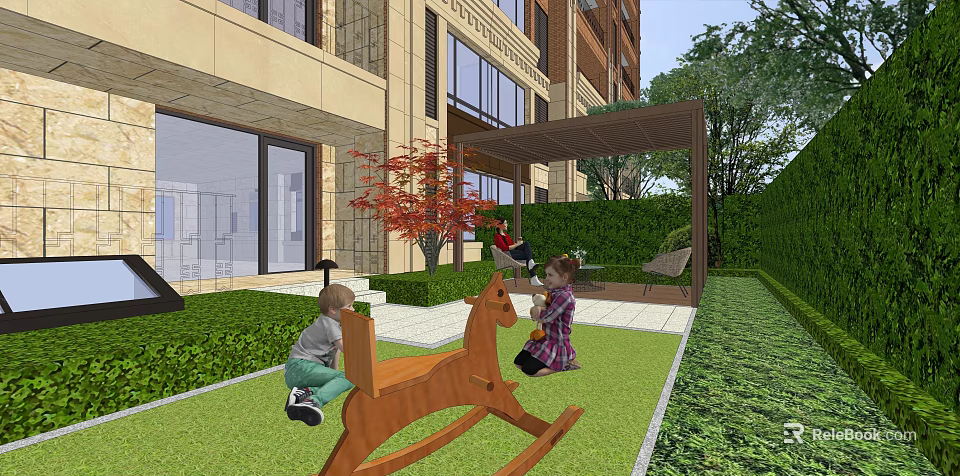 Garden Landscape with Children Playing Wooden Rocking Horse Green Lawn Trimmed Hedges and Pergola 3d model 