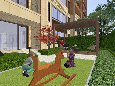 Garden Landscape with Children Playing Wooden Rocking Horse Green Lawn Trimmed Hedges and Pergola 3d model