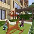 Garden Landscape with Children Playing Wooden Rocking Horse Green Lawn Trimmed Hedges and Pergola