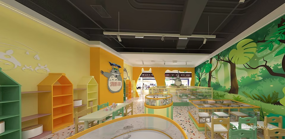 Vibrant Kids Indoor Play Area With Colorful Floor House Shaped Cabinets And Forest Murals 3d model 