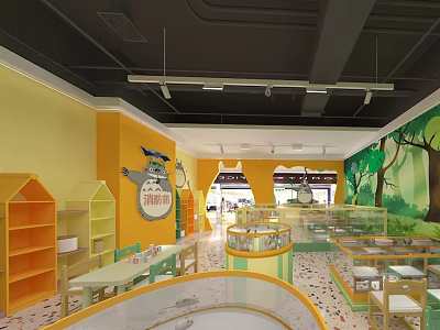 Vibrant Kids Indoor Play Area With Colorful Floor House Shaped Cabinets And Forest Murals 3d model