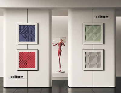 Poliform Art Display Interior With Square Geometric Paintings And Red Sculpture 3d model