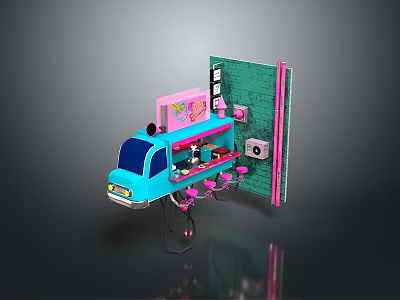 Colorful Blue Food Truck With Pink Decorations Neon Signs And Fresh Street Food 3d model