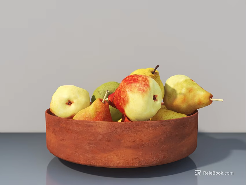 Round Ceramic Bowl Filled With Fresh Pears On Gray Table Surface 3d model 