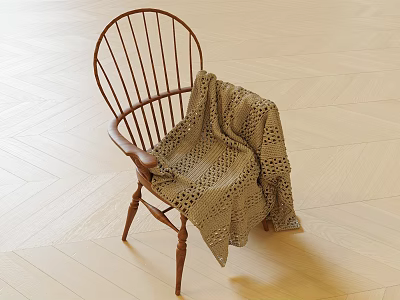Wooden Accent Chair With Knitted Blanket On Light Herringbone Wooden Floor 3d model