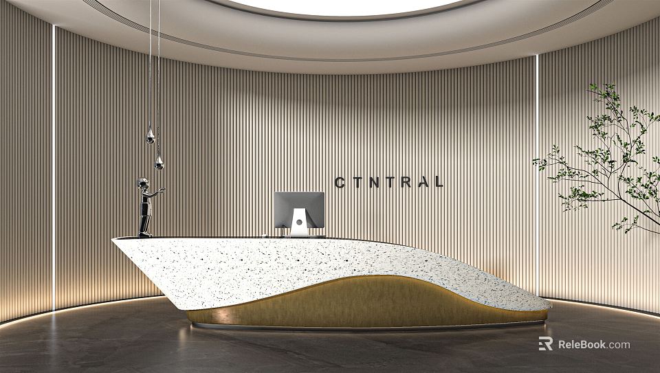 Modern Curved Reception Desk With Marble Countertop Gold Frame And Vertical Striped Wall 3d model 