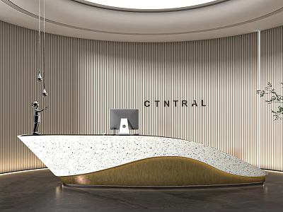 Modern Curved Reception Desk With Marble Countertop Gold Frame And Vertical Striped Wall 3d model