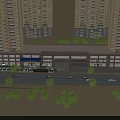 Modern Commercial Street Building Exterior With Glass Windows Blue Awning Surrounding Trees And Street Cars