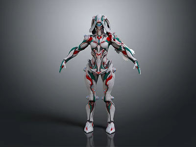 Game Movie Character With White Red Green Mechanical Armor And Futuristic Design 3d model