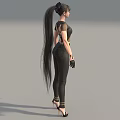 Woman With Ponytail Wearing Black Short Sleeve Crop Top Skinny Jeans Gloves And Heels