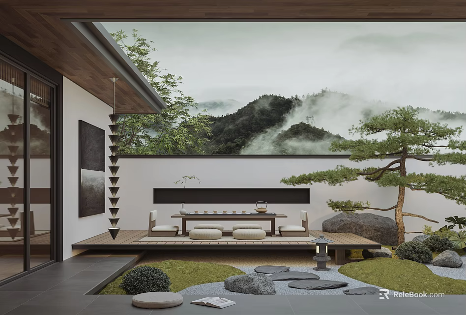 Tranquil Zen Garden Landscape With Mountain View Pine Tree Stone Path And Lawn 3d model