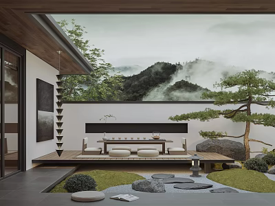 Tranquil Zen Garden Landscape With Mountain View Pine Tree Stone Path And Lawn 3d model