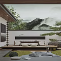 Tranquil Zen Garden Landscape With Mountain View Pine Tree Stone Path And Lawn 3d model