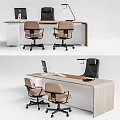 Modern Minimalist Office Desk With Wooden Top Two Ergonomic Chairs Desk Lamp And Tablet