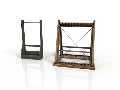 Two Different Wooden and Dark Shelving Units with Cross Braced Frame and Multi Tier Design 3d model