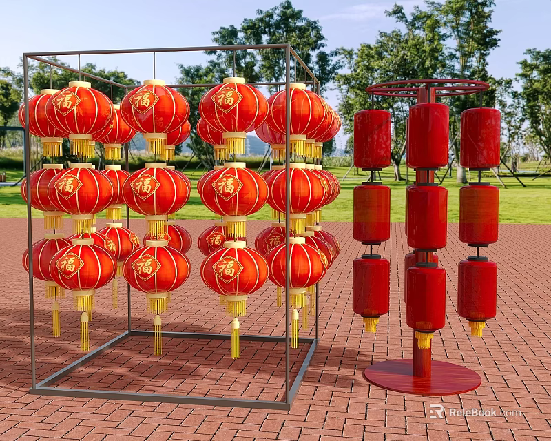 Decorative Red Lanterns On Metal Frame With Green Grass And Trees 3d model 