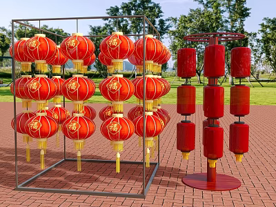 Decorative Red Lanterns On Metal Frame With Green Grass And Trees 3d model