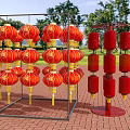 Decorative Red Lanterns On Metal Frame With Green Grass And Trees 3d model