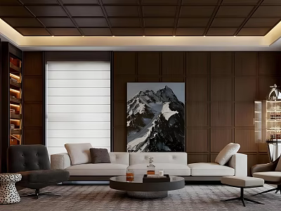 Modern Home Theater Interior With Beige Sofa Wooden Walls And Mountain Painting 3d model