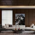 Modern Home Theater Interior With Beige Sofa Wooden Walls And Mountain Painting