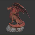 Detailed Mythical Red Dragon Statue With Extended Wings On Cracked Stone