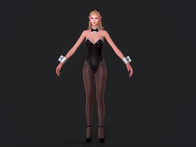 Game Movie Character With Blonde Short Hair Black Bow Corset And Fishnet Stockings 3d model