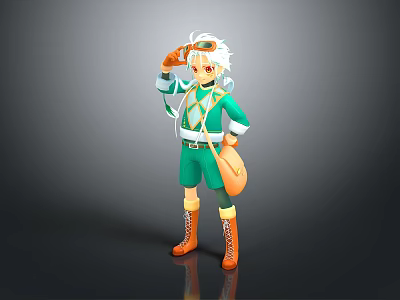 Cartoon 3D Character In Green Outfit With White Hair Goggles Orange Boots And Saluting Pose 3d model