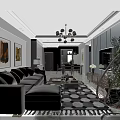 Modern Living And Dining Room Interior With Grey Sofa Geometric Rug And Chandelier