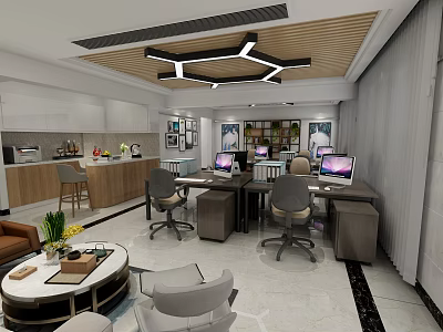 Modern Public Office Space With Desks Computers Chairs Bookshelves And Lounge Area 3d model