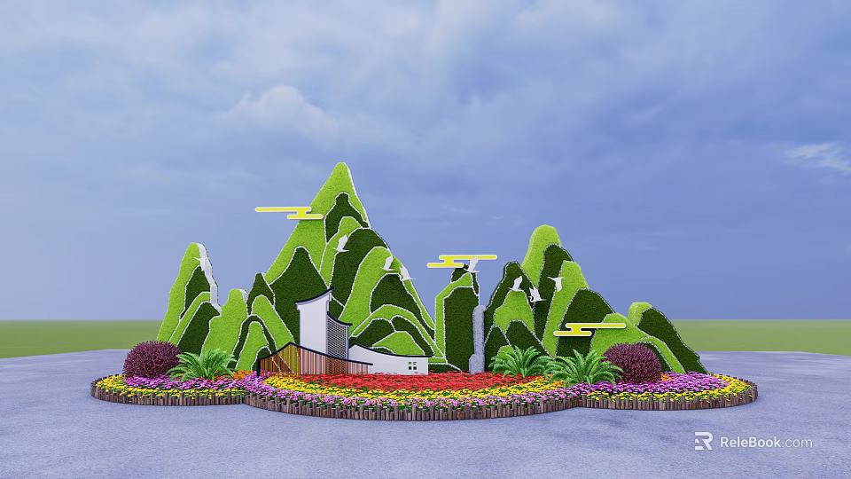 Flower Planters With Mountain Shaped Plant Sculptures Small House And Colorful Garden Flowers 3d model 