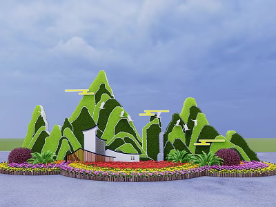 Flower Planters With Mountain Shaped Plant Sculptures Small House And Colorful Garden Flowers 3d model