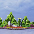 Flower Planters With Mountain Shaped Plant Sculptures Small House And Colorful Garden Flowers