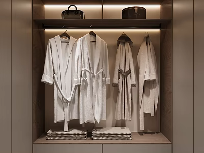White Robes Hanging In Modern Wardrobe With Folded Towels And Storage Shelves 3d model