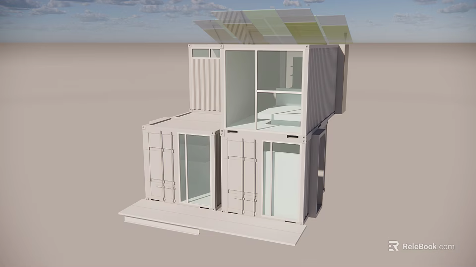 Modern Two Story Container Building With Large Windows And Transparent Roof 3d model
