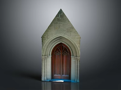 Gothic Style Stone Entrance Structure With Pointed Roof And Arched Wooden Door 3d model